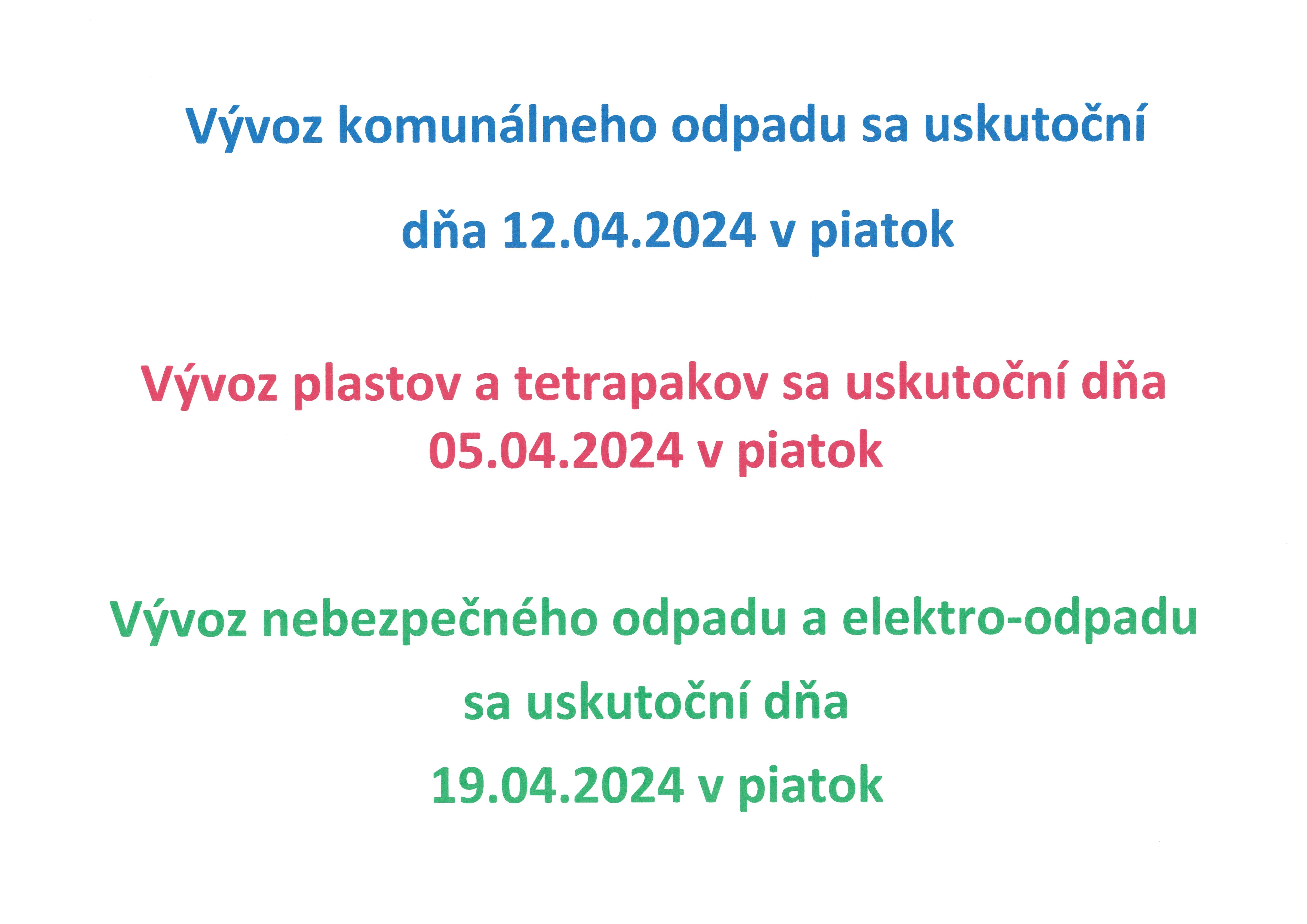 Vývoz odpadu Apríl 2024